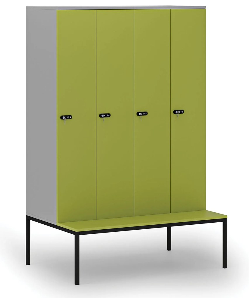 Drevená šatníková skrinka S4 s lavičkou, 4 oddiely, 1871 x 1200 x 500/800 mm, demont, mechanický kódový zámok, sivá/zelená