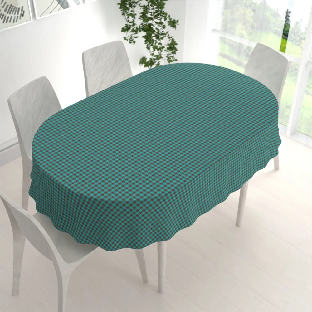 Biante Bavlnený oválny obrus Olivia OL-007 Tyrkysovo-hnedá kocka malá 140x180 cm