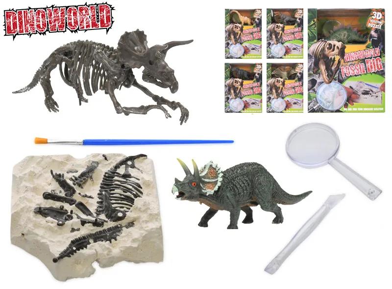 Dinoworld dinosaurus 12cm a skamenelina v sadre s dlátom, lupou a štetcom 6ks v krabici