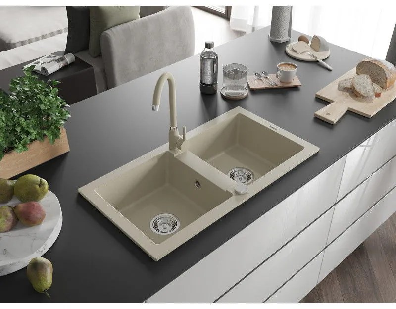 Mexen Mario, 2-komorový granitový drez 82x44 cm s kuchynskou batériou Telma, béžová, 6504-69-670200-69
