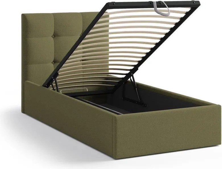 Zelená čalúnená jednolôžková posteľ s úložným priestorom s roštom 90x200 cm Phaedra – Micadoni