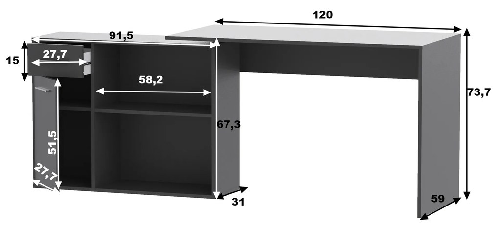 Rohový písací stôl WESLACO - šedý grafit