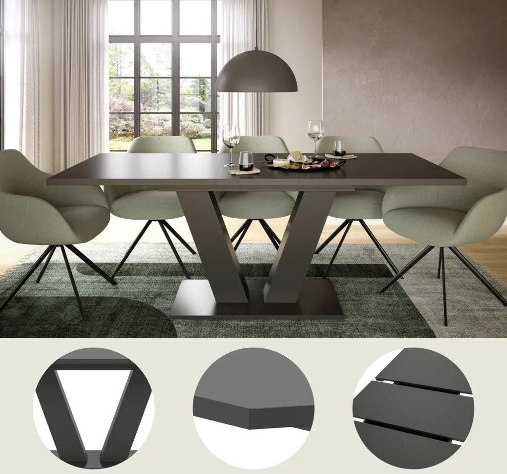 Rozkladací jedálenský stôl Moteon 150x90 cm, sivý/sivý, podnož V