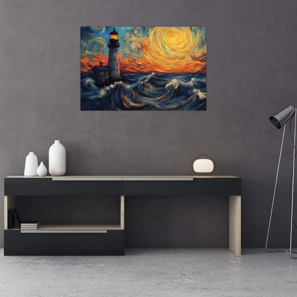 Obraz - Maják vo vlnách (90x60 cm)