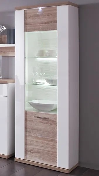 Vysoká vitrína Caracas typ 01, dub/biely lesk, s osvetlením