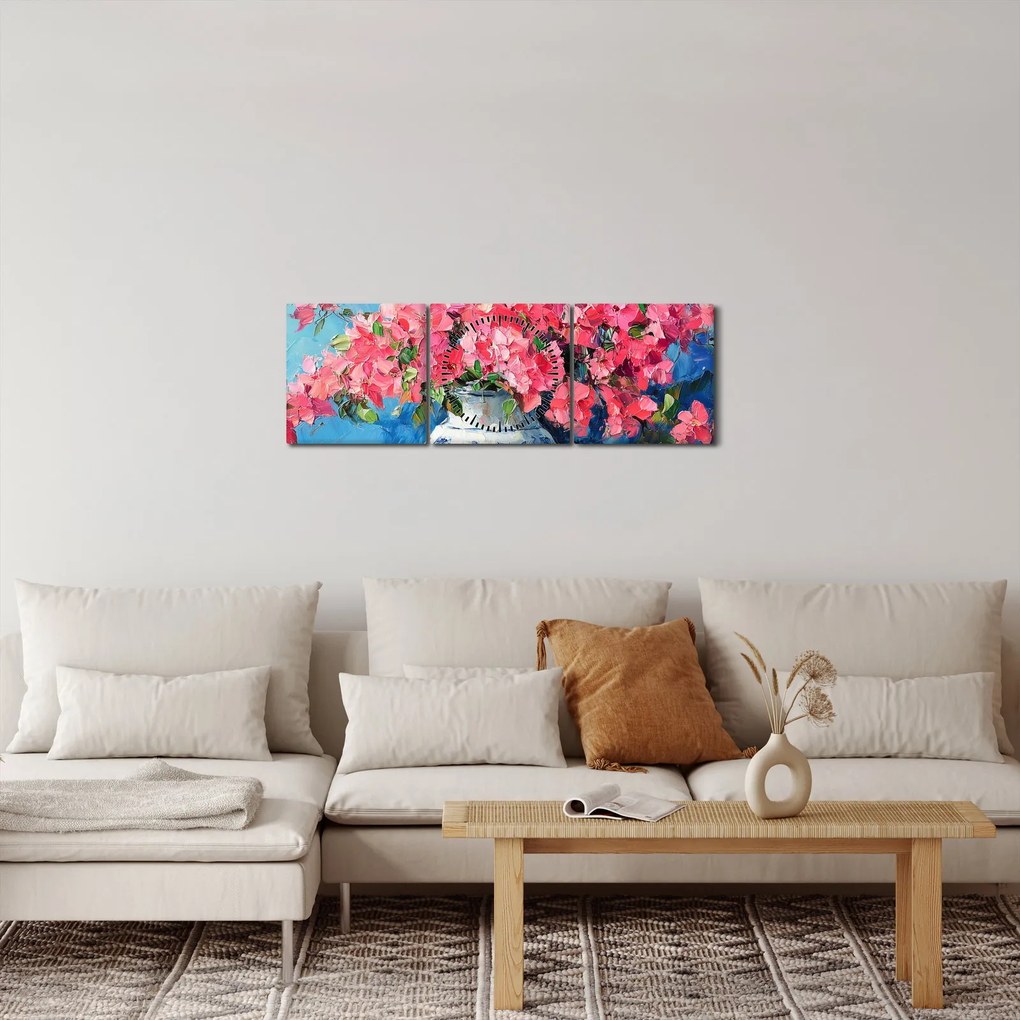 Obraz - Váza ružových kvetov (s hodinami) (90x30 cm)