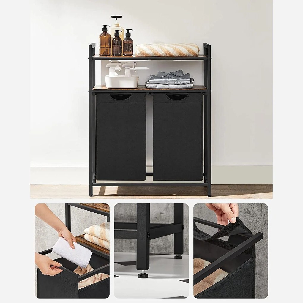 Kôš na bielizeň, s 2 vyťahovacími a odnímateľnými vakmi 2x46 L, rustikálne hnedý a čierny