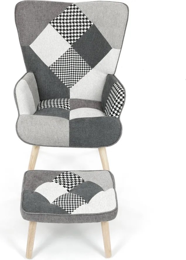 Relaxačné kreslo ušiak LISA + taburet — masív, látka, čiernobiely patchwork