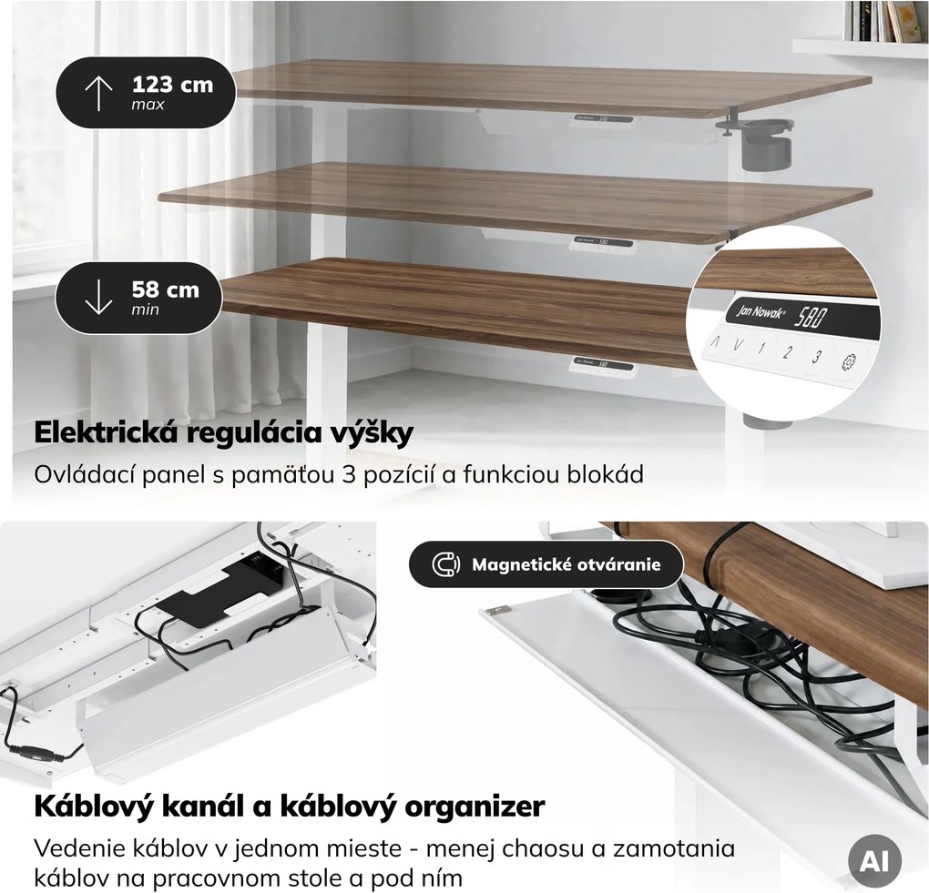 Elektrický stôl s nastaviteľnou výškou ergonomický biely/orech,1600x800 mm: ARIA