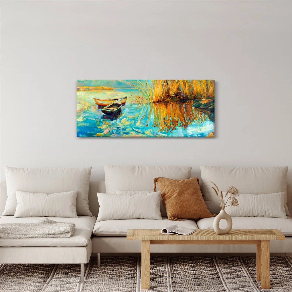 Obraz - Jazero s loďkami (120x50 cm)