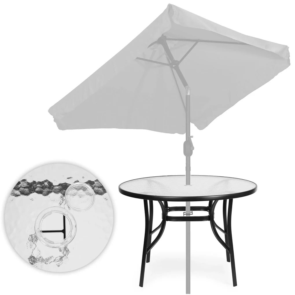 Okrúhly záhradný stôl 100 cm, tvrdené sklo, otvor na slnečník, MultiGarden