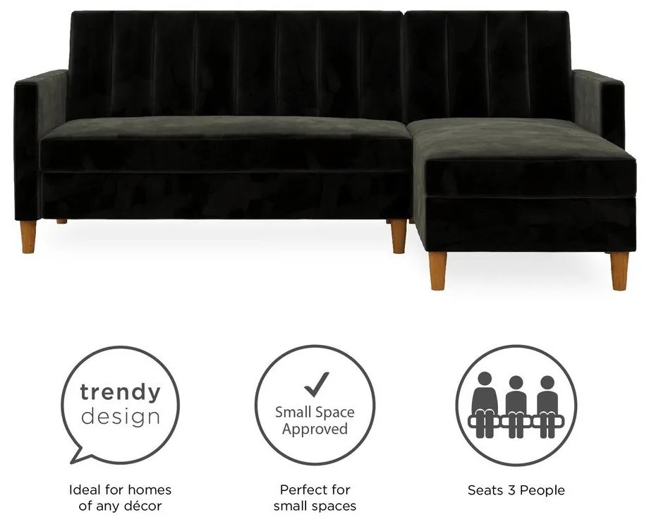 Čierna variabilná rozkladacia rohová pohovka so zamatovým povrchom a úložným priestorom Støraa Celine