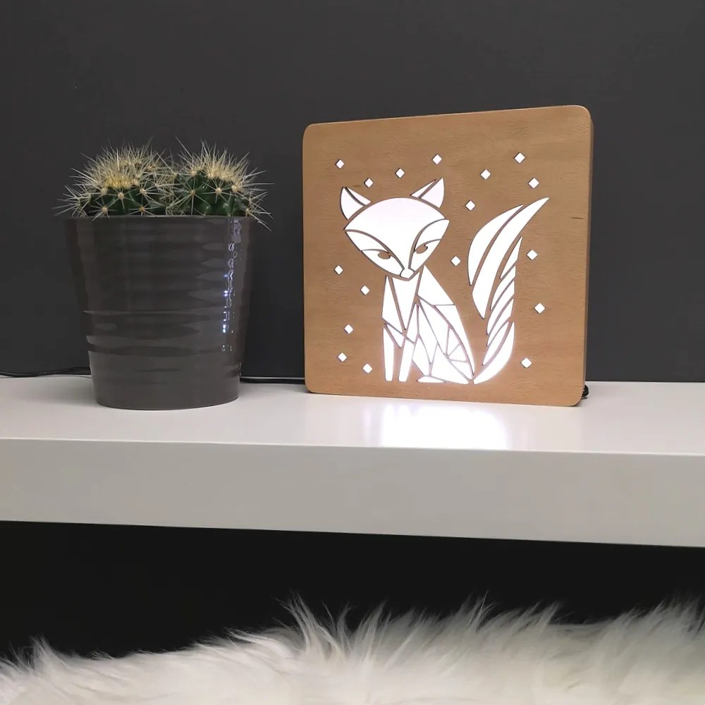 AMADEA Drevená lampička s motívom líšky, veľkosť 20 cm, s LED osvetlením s trafom na 12V