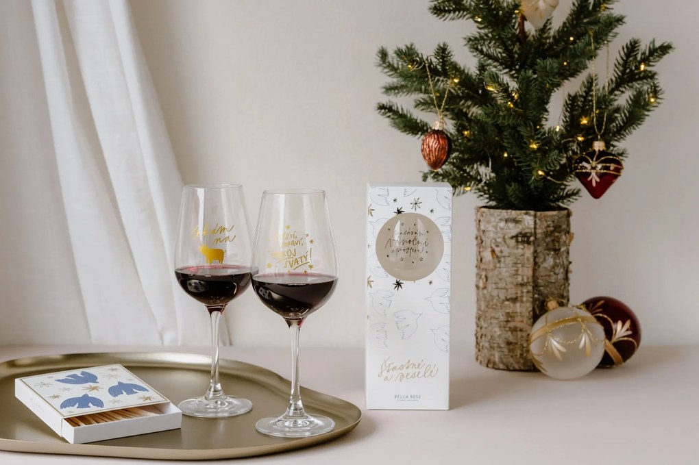 Bella Rose Pohár na víno Štěstí, zdraví, pokoj svatý + vianočná krabička