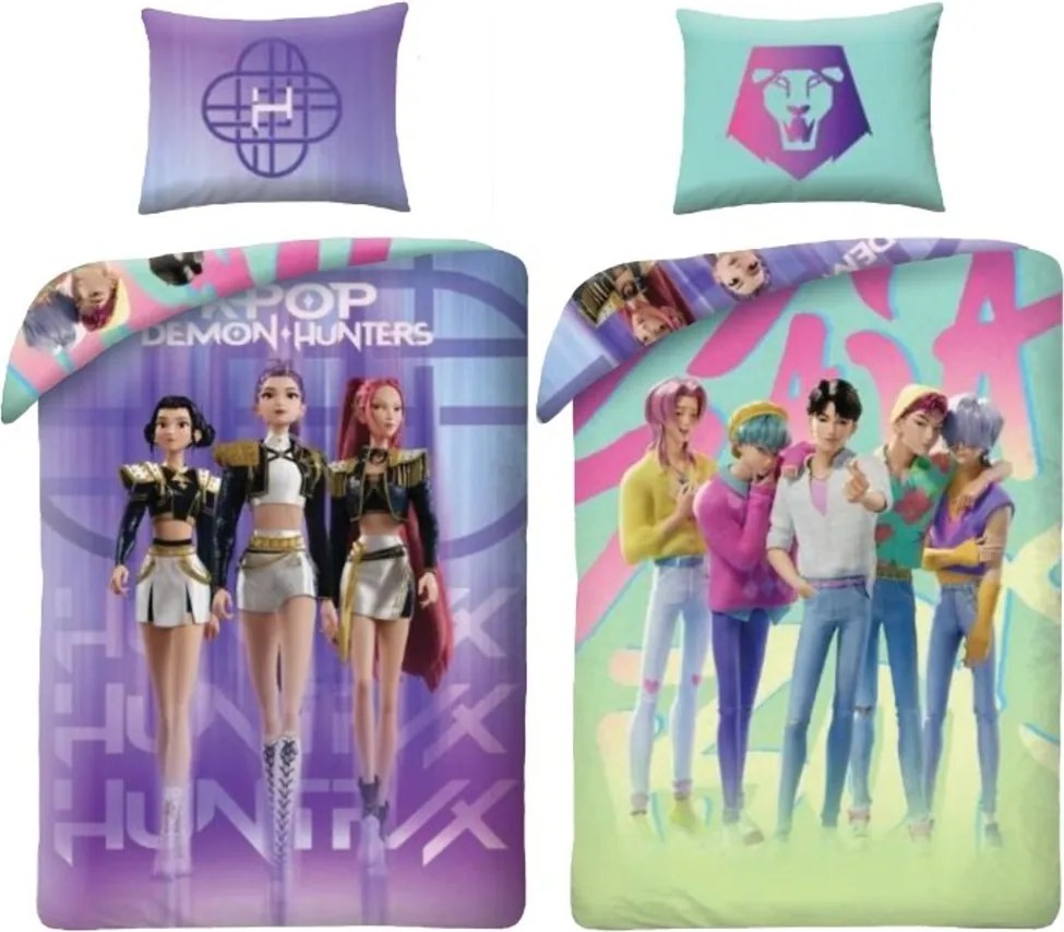 Posteľné obliečky z mikrovlákna KPop Demon Hunters – motív Saja Boys a HUNTR/X - 70x90 cm + 140x200 cm