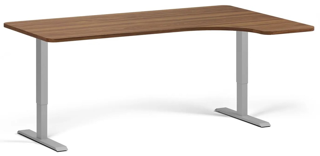 Rohový výškovo nastaviteľný stôl, 180x120 cm, 1 motor, L/P, sivá podnož, orech