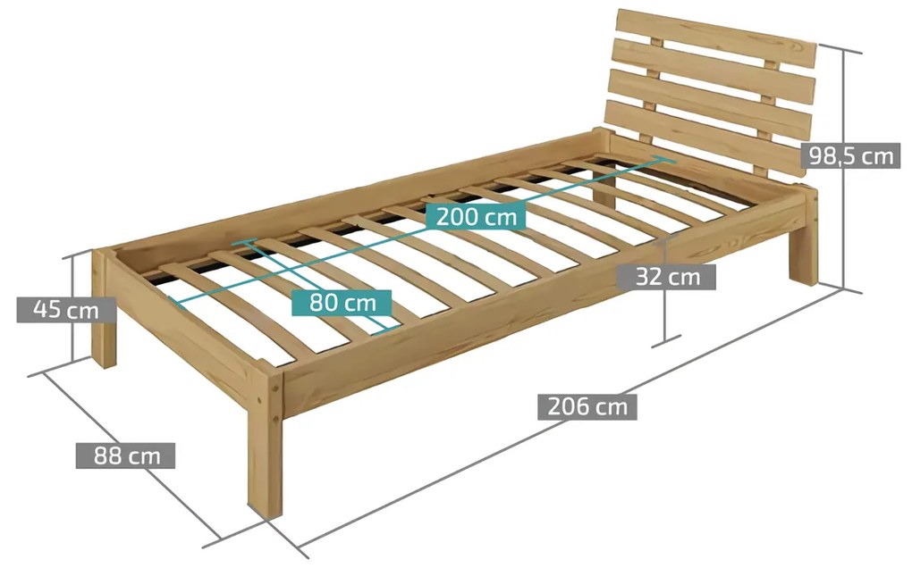 Posteľ PARIS zvýšená 80x200 cm, borovica Rošt: S lamelovým roštom, Matrac: Matrac COCO MAXI 19 cm