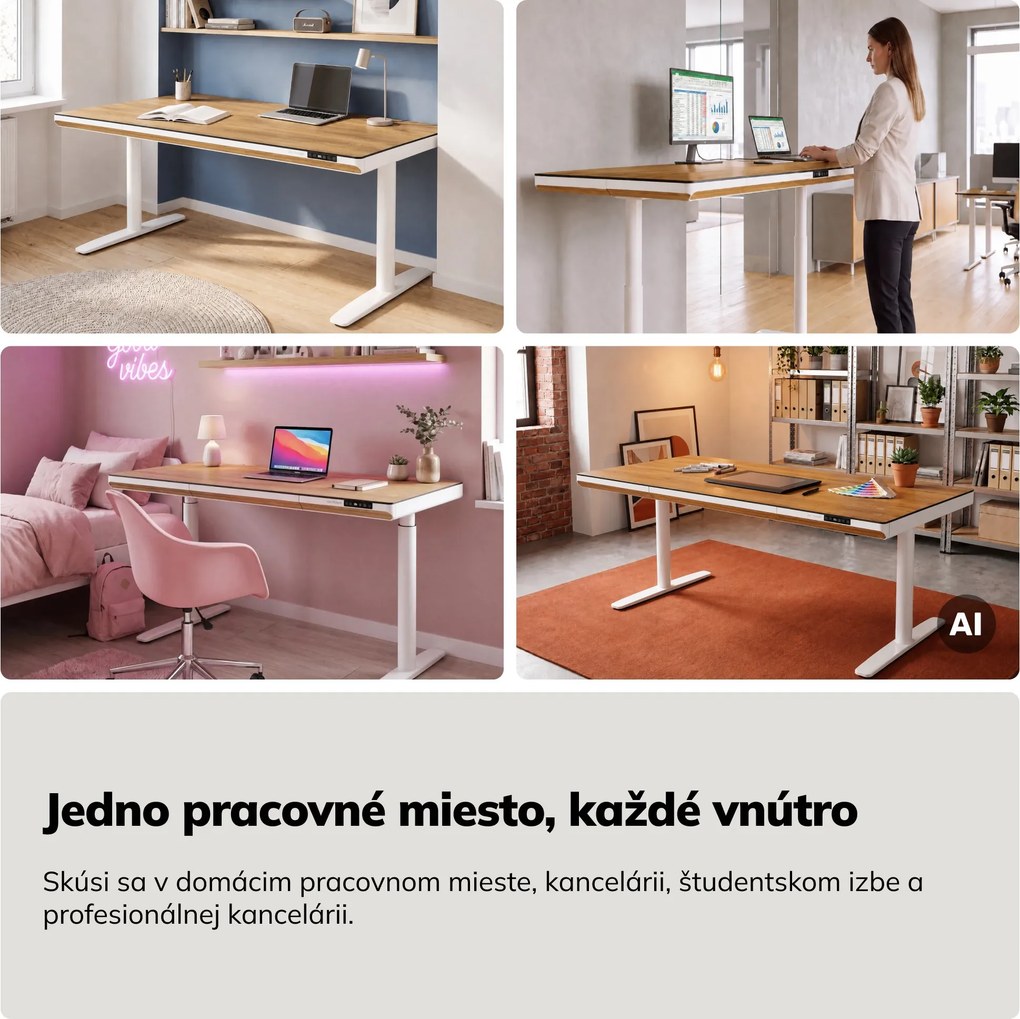 Elektrický písací stôl sit-stand so zásuvkou a bezdrôtovou nabíjačkou Qi biely/zlatý dub, 1600 mm: ELLIS