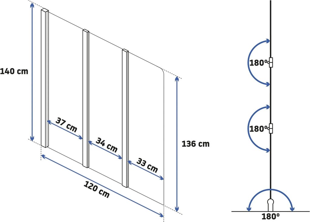 Trojdielna vaňová zastena REA AGAT-3 120 cm, chróm/transparent