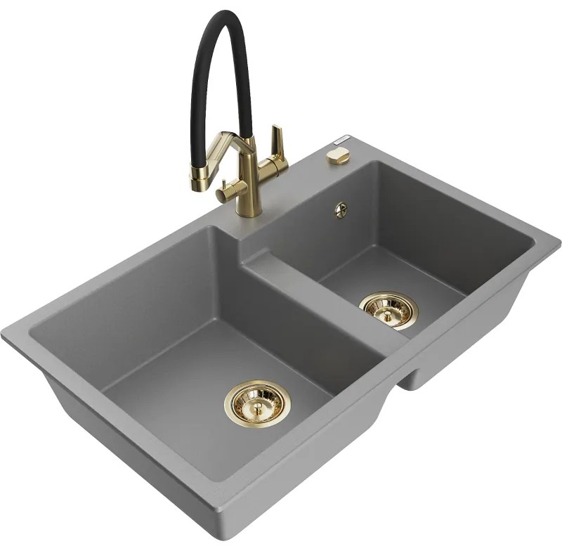 Mexen Tomas, 2-komorový granitový drez 800x500x190 mm a kuchynská batéria Duo, šedá, 6516-71-671701-57-G
