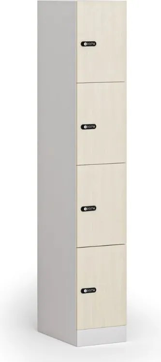Šatníková skrinka S1 s úložnými boxmi, 4 boxy, 1850 x 300 x 500 mm, mechanický kódový zámok, laminované dvere, breza
