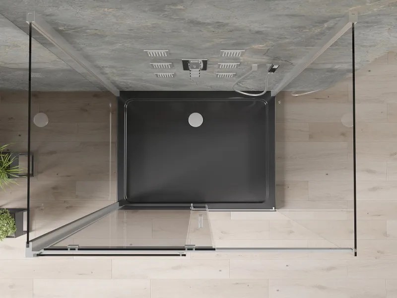 Mexen Omega, 3-stenový sprchovací kút s posuvnými dverami 100 (dvere) x 80 (stena) x 190 cm, 8mm číre sklo, chrómový profil + čierna sprchová vanička SLIM, 825-100-080-01-00-3S-4070