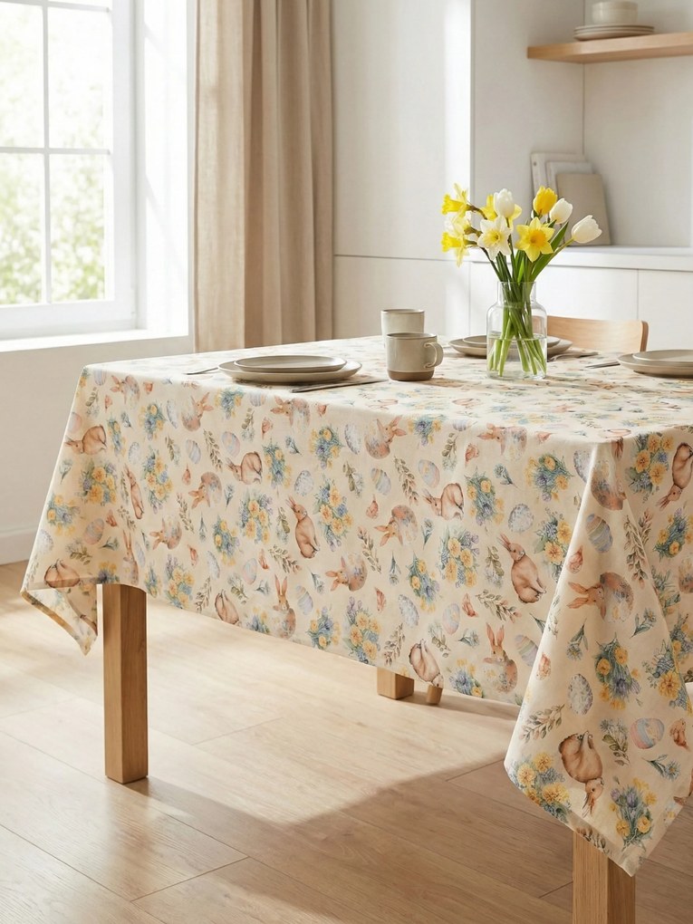 Veľkonočný hranatý obrus 120 x 160 cm - Zajačikovia béžový
