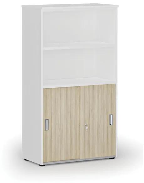 Kombinovaná kancelárska skriňa PRIMO WHITE, zasúvacie dvere na 2 poschodia, 1434 x 800 x 420 mm, biela/dub prírodná