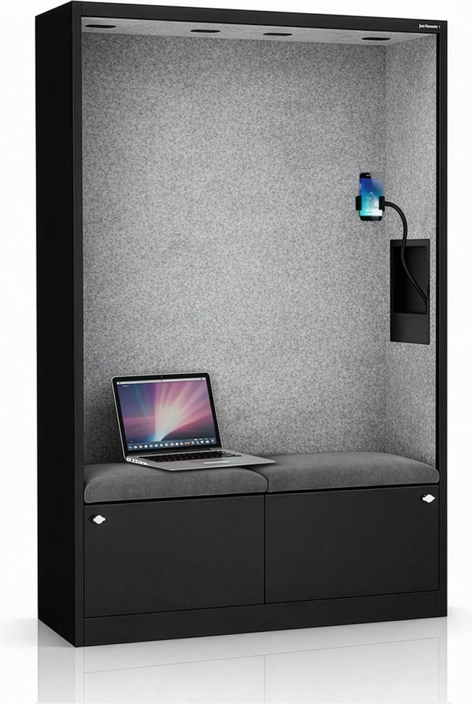 Kancelárska akustická kabína so sedadlom a portom USB-C, telo v čierny / sedák sivá v zelenej farbe, 1150 mm: SALLY MentalBox
