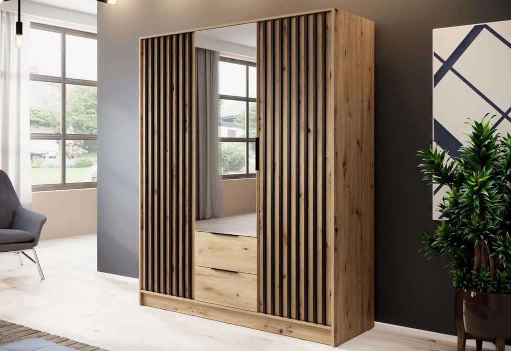Šatníková skriňa so zrkadlom BELANDA 2D, 105x200x51, dub artisan/čierna