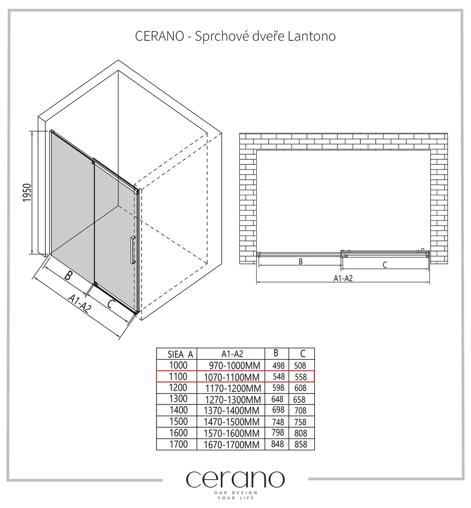 CERANO - Sprchové posuvné dvere Lantono L/P - 8 mm - čierna matná, grafitové sklo - 110x195 cm, CER-CER-8050BD7236