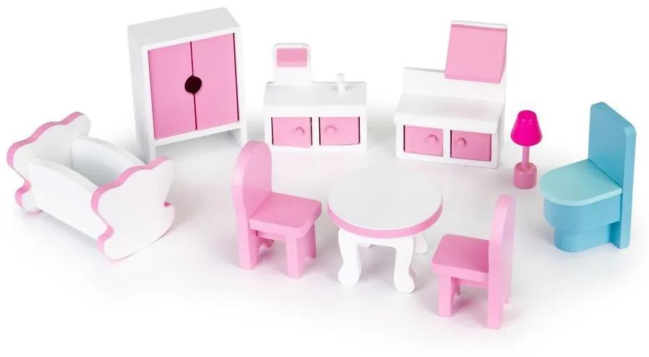 Drevený domček pre bábiky  | 9 kusov nábytku + LED