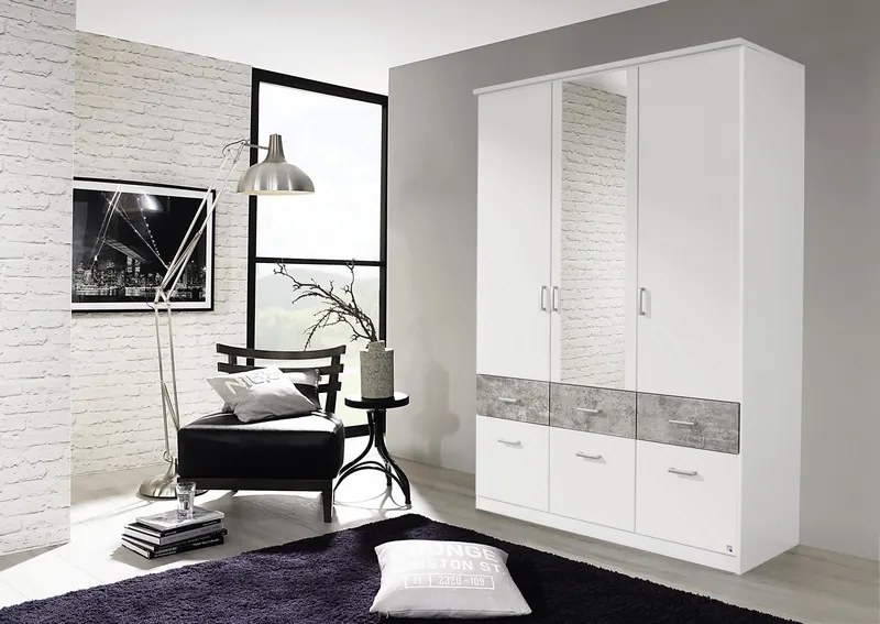 Šatníková skriňa Bremen, 136 cm, biela/šedý betón