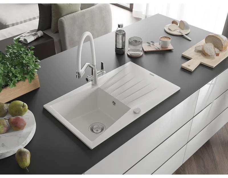 Mexen Cesar, 1-komorový granitový drez 775x470x190 mm a drezová batéria Duo, biela, 6514-20-671701-02