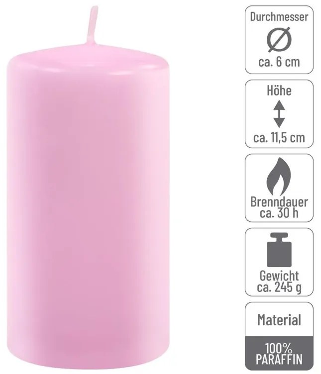 Sada stĺpových sviečok, 11,5 cm, Ø 6 cm, ružová, 6 ks