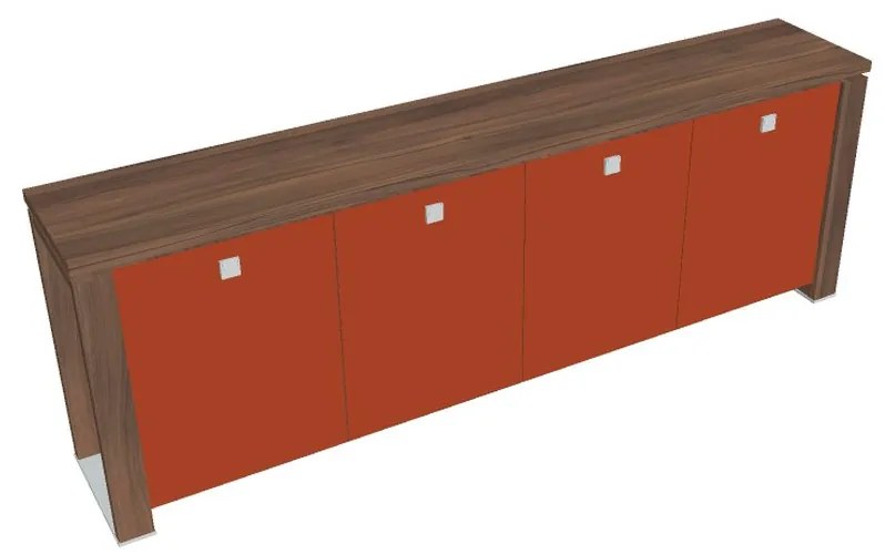 Nízka skriňa Verno+ S 260 x 46 x 90 cm, sklenené dvere, orech / oranžová