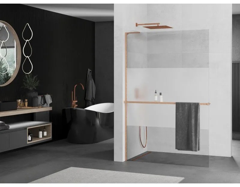 Mexen Kioto+ L, sprchová zástena Walk-In s poličkou a vešiakom 120 x 200 cm, 8mm číre sklo-námraza, medený matný profil, 800-120-123-65-35