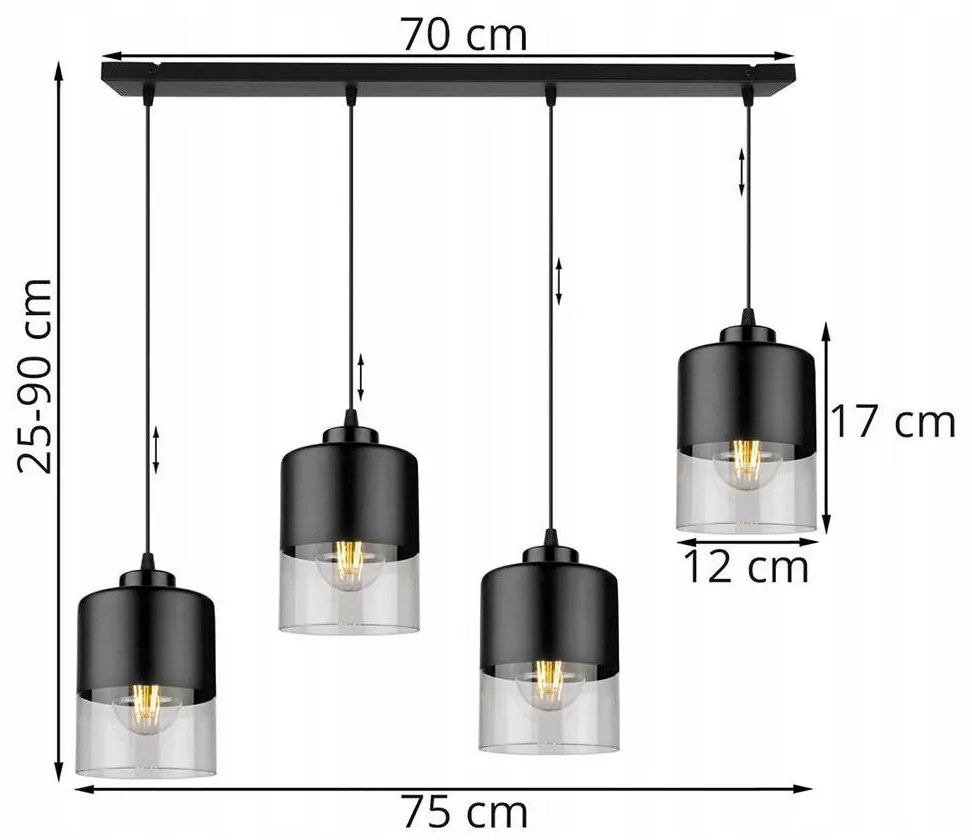 Závesné svietidlo ROMA, 4x čierne/transparentné sklenené tienidlo