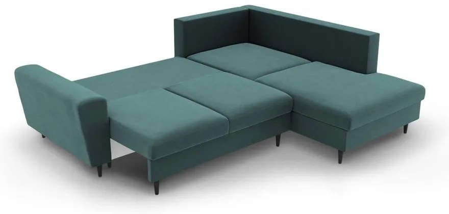 Zamatová rozkladacia/s úložným priestorom rohová pohovka v petrolejovej farbe (pravý roh/do L) Kyoto – Cosmopolitan Design