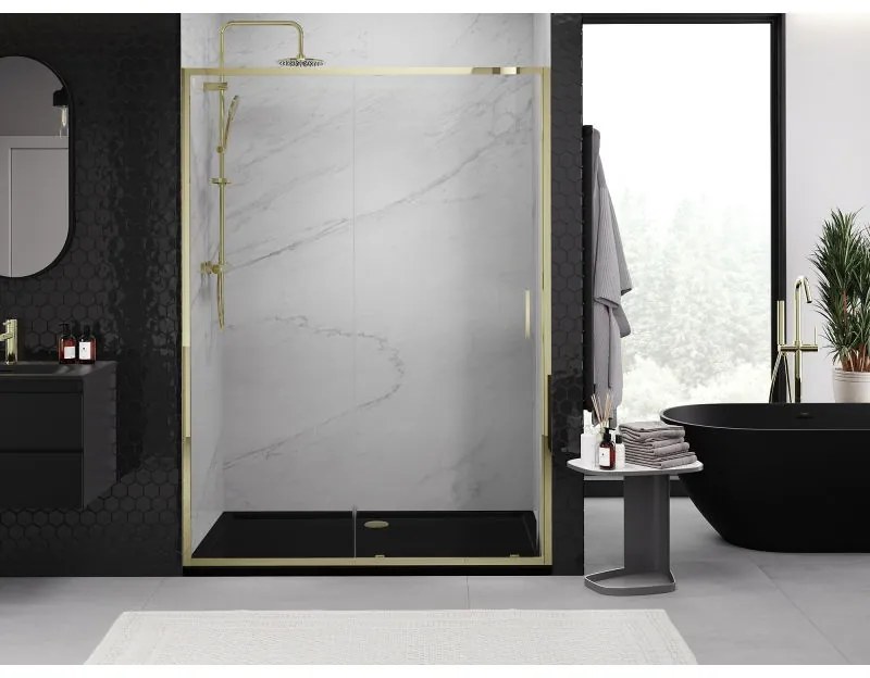 Mexen Exo, posuvné sprchové dvere 140 cm, číre sklo, zlatá, 8151-140-000-50-00