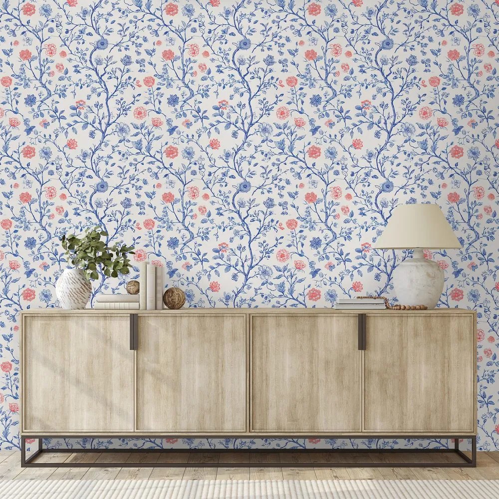 Tapeta modré a ružové kvetinové vetvičky