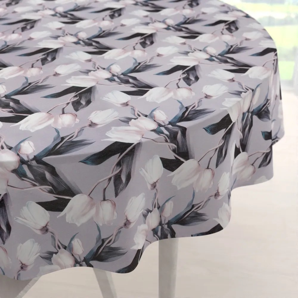 Biante Dekoračný okrúhly obrus PML-034 Biele tulipány na sivom Ø 120 cm