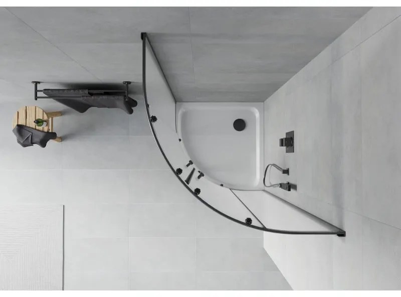 Mexen Rio, štvrťkruhový sprchovací kút s posuvnými dverami 90(dvere) x 90(dvere) x 190 cm, 6mm sklo námraza, čierny profil + biela sprchová vanička SLIM, 863-090-090-70-30-4110B