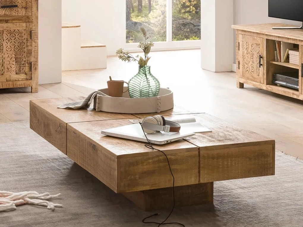 furniture-nabytek.cz - Masivní konferenční stolek Amberley z mangového dřeva, lakovaný, přírodní – 140×70 cm