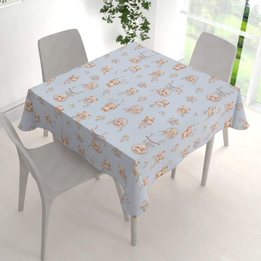 Biante Detský bavlnený štvorcový obrus Sandra SA-615 Medvedíky v košíčkoch na modrom 80x80 cm