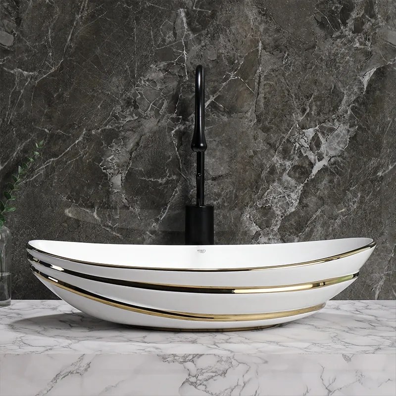 BPS-koupelny Keramické umývadlo na dosku HYD-LI-WH-GL-LN-625 62x36 cm, biela / zlatá lesk