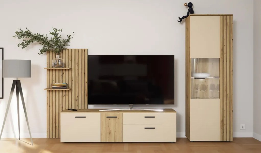 Obývacia stena Gatwick, dub artisan/kašmírová béžová, s osvetlením