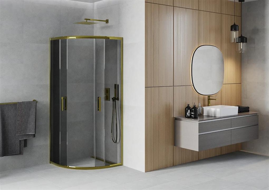 Mexen Rio, štvrťkruhový sprchovací kút s posuvnými dverami 90 (dvere) x 90 (dvere) x 190 cm, 5mm šedé sklo, zlatý profil, 863-090-090-50-40