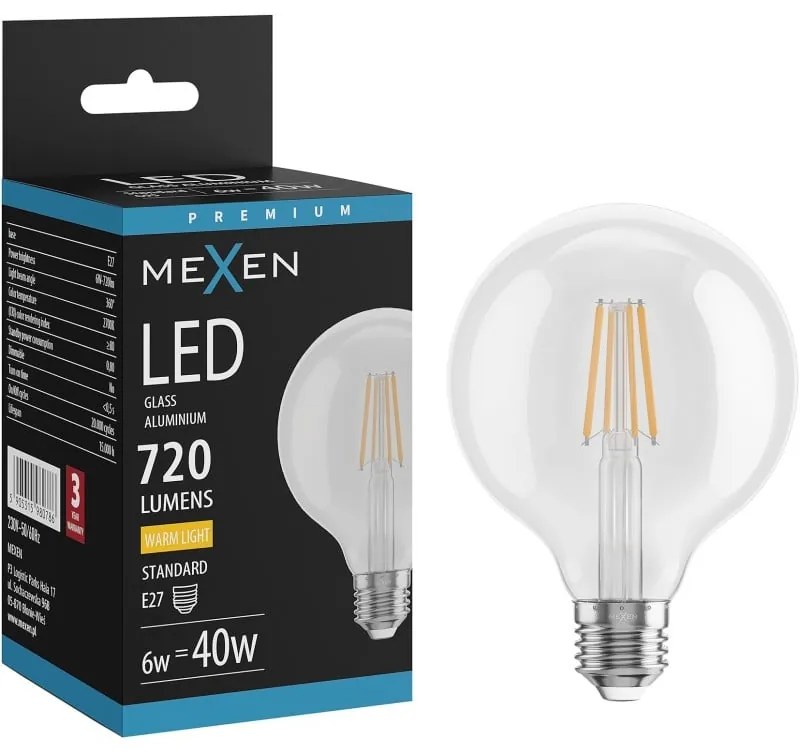 Mexen Vintis, LED žiarovka E27, G95, 6W, Teplá - 2700K, 720 lm, číra - L157-E27-0627-00