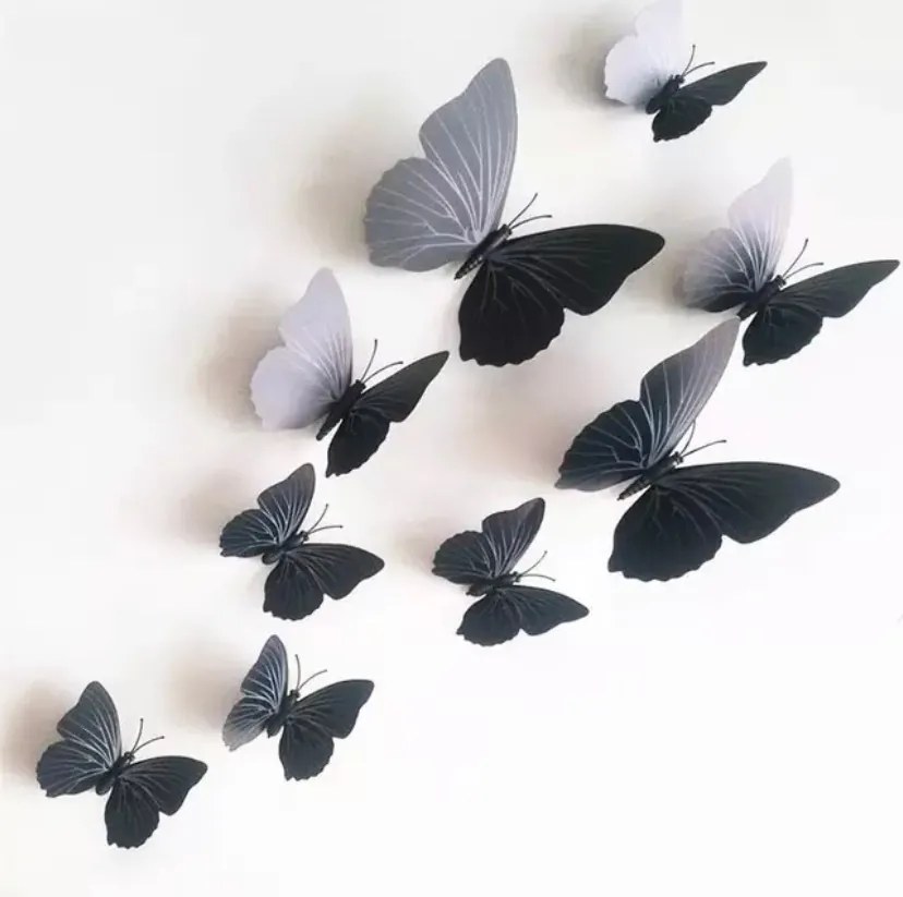 Samolepka na stenu "Plastové čierne 3D motýle" 12 ks 6-12 cm